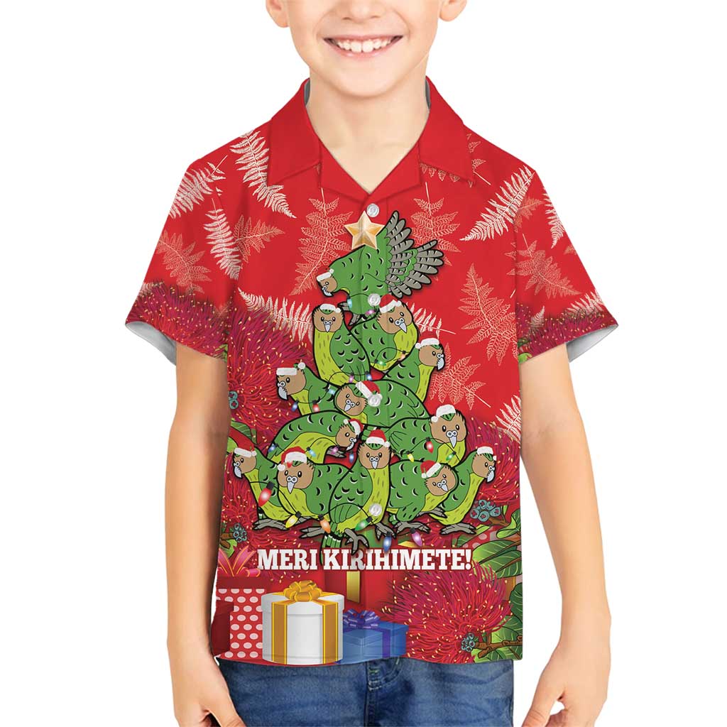 Kakapo New Zealand Christmas Family Matching Puletasi and Hawaiian Shirt Meri Kirihimete Pohutukawa - Red Color LT14 Son's Shirt Red - Polynesian Pride