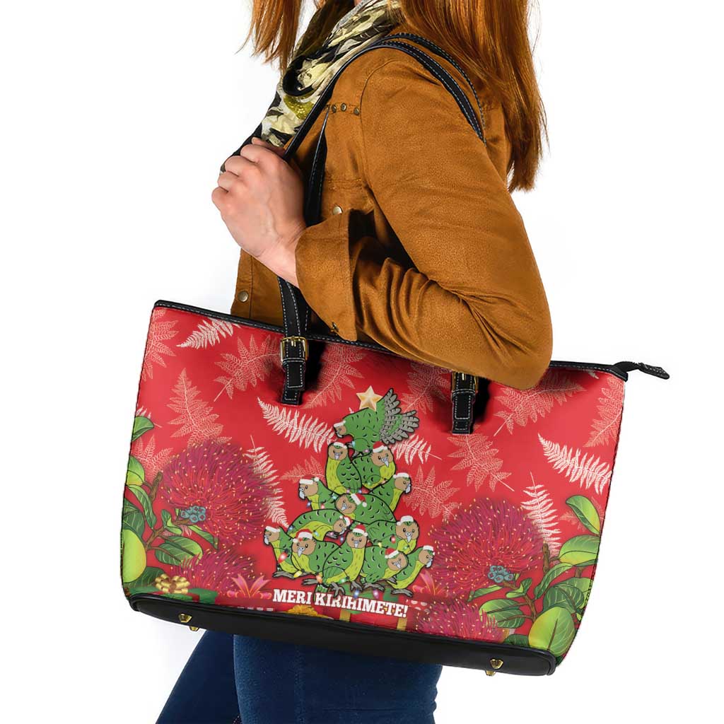 Kakapo New Zealand Christmas Leather Tote Bag Meri Kirihimete Pohutukawa - Red Color