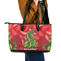 Kakapo New Zealand Christmas Leather Tote Bag Meri Kirihimete Pohutukawa - Red Color LT14 - Polynesian Pride