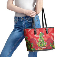 Kakapo New Zealand Christmas Leather Tote Bag Meri Kirihimete Pohutukawa - Red Color LT14 - Polynesian Pride