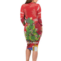 Kakapo New Zealand Christmas Long Sleeve Bodycon Dress Meri Kirihimete Pohutukawa - Red Color LT14 - Polynesian Pride