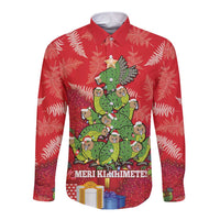 Kakapo New Zealand Christmas Long Sleeve Button Shirt Meri Kirihimete Pohutukawa - Red Color