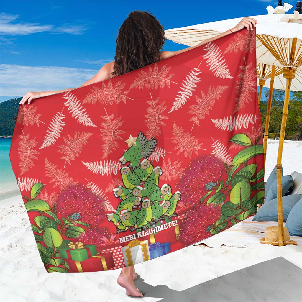 Kakapo New Zealand Christmas Sarong Meri Kirihimete Pohutukawa - Red Color