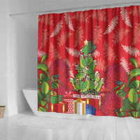Kakapo New Zealand Christmas Shower Curtain Meri Kirihimete Pohutukawa - Red Color