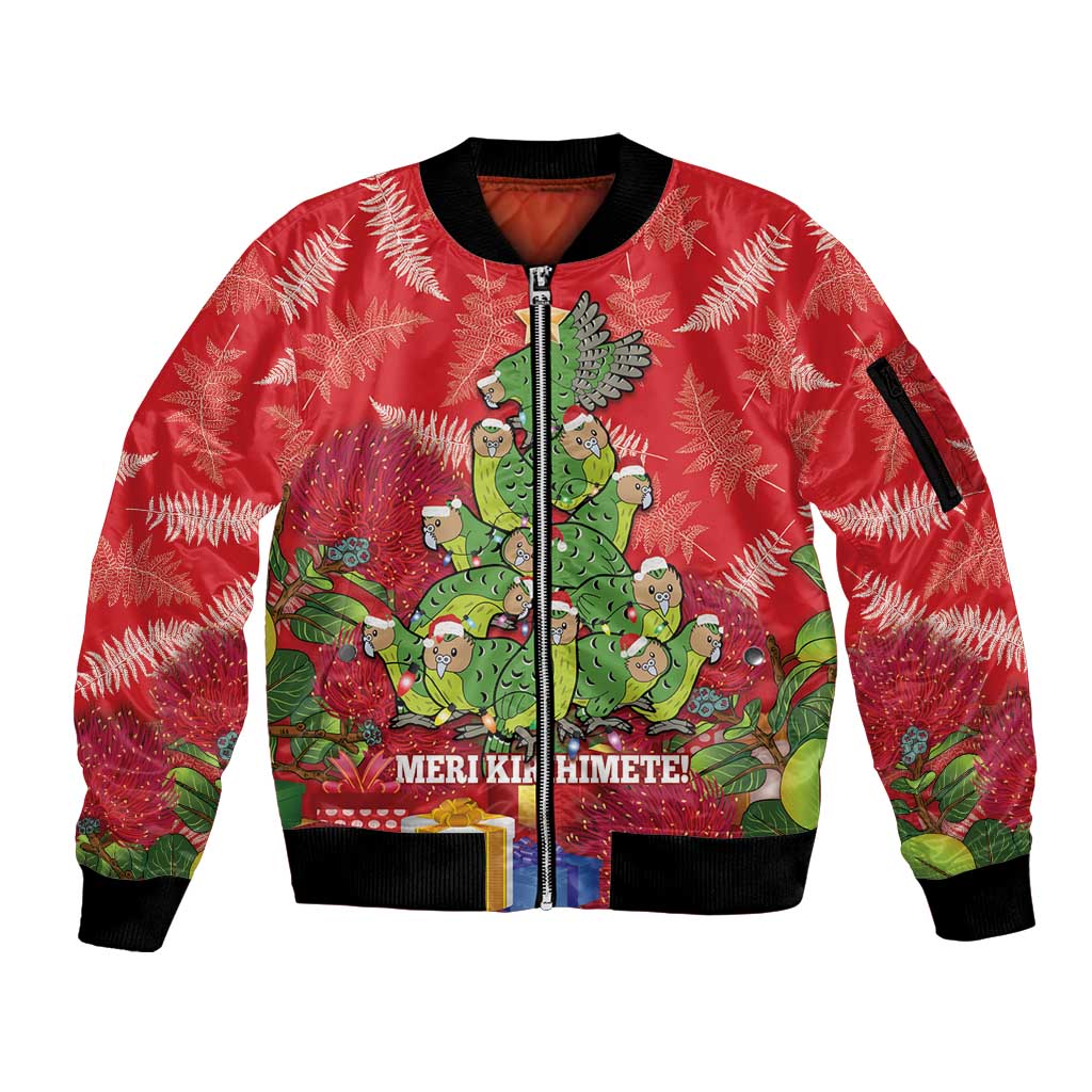 Kakapo New Zealand Christmas Sleeve Zip Bomber Jacket Meri Kirihimete Pohutukawa - Red Color