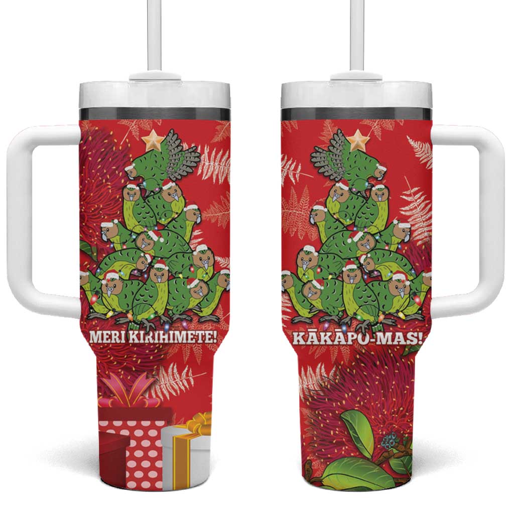 Kakapo New Zealand Christmas Tumbler With Handle Meri Kirihimete Pohutukawa - Red Color