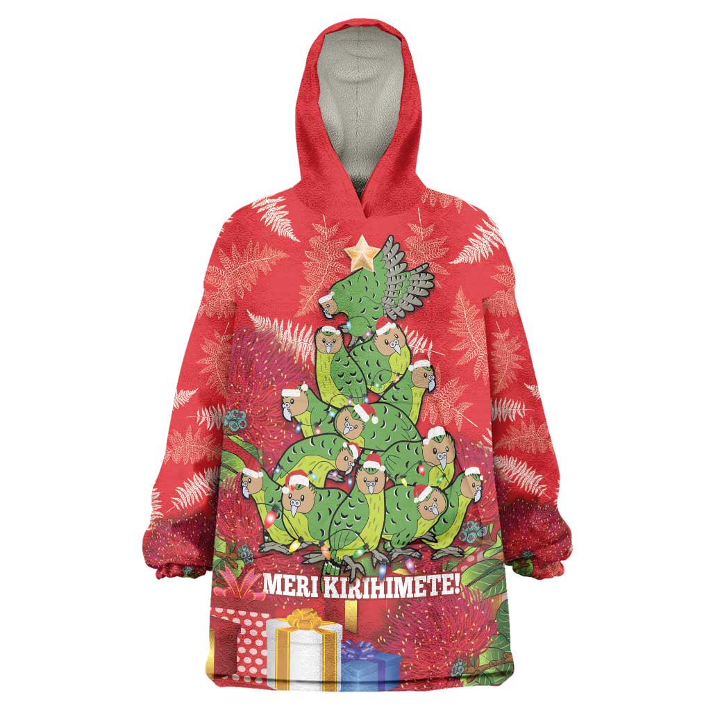 Kakapo New Zealand Christmas Wearable Blanket Hoodie Meri Kirihimete Pohutukawa - Red Color