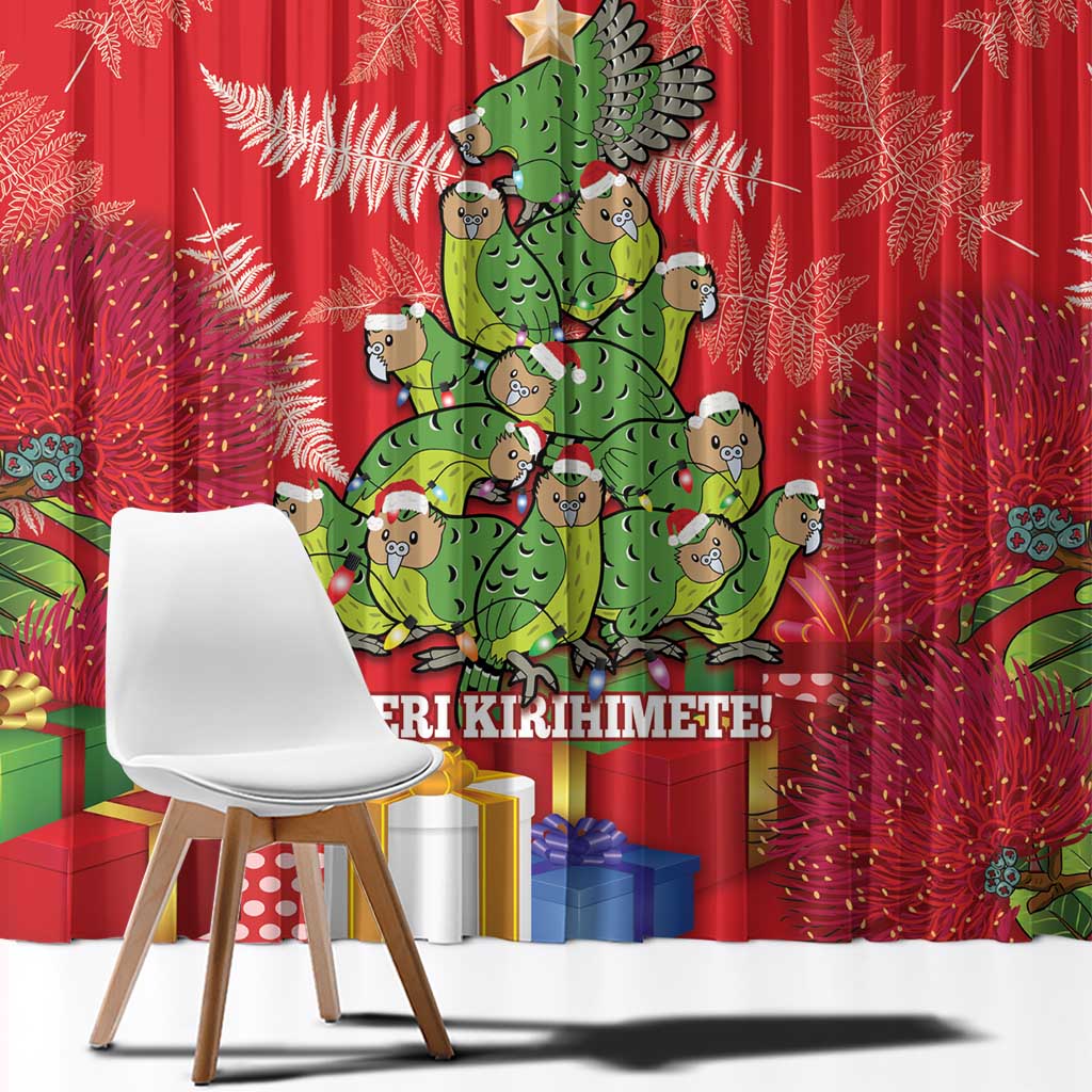 Kakapo New Zealand Christmas Window Curtain Meri Kirihimete Pohutukawa - Red Color