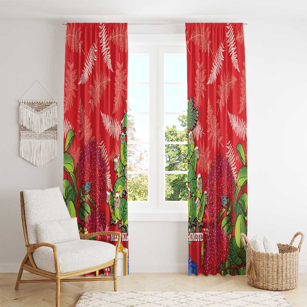 Kakapo New Zealand Christmas Window Curtain Meri Kirihimete Pohutukawa - Red Color