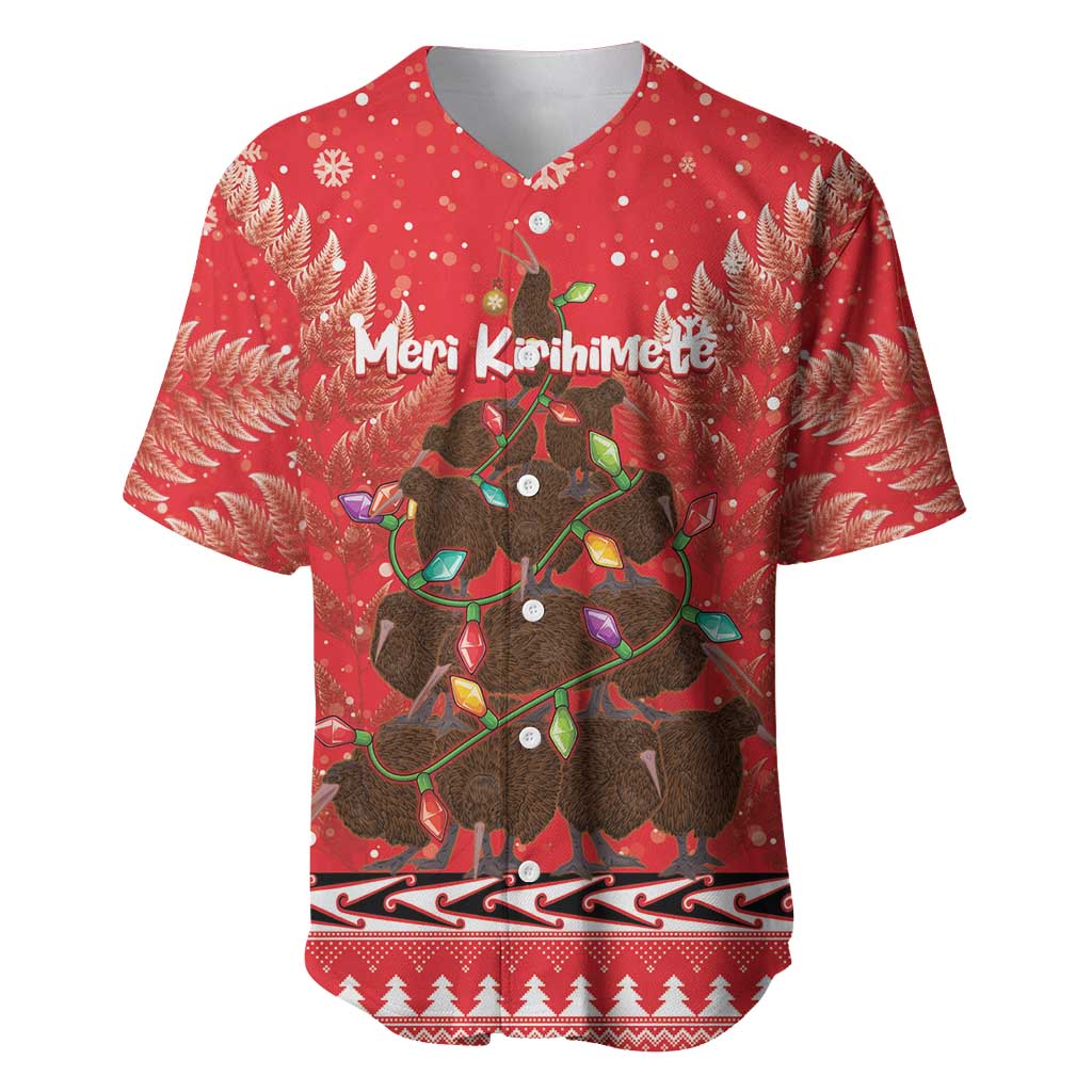 Kiwi New Zealand Christmas Baseball Jersey Meri Kirihimete Silver Fern - Red Color