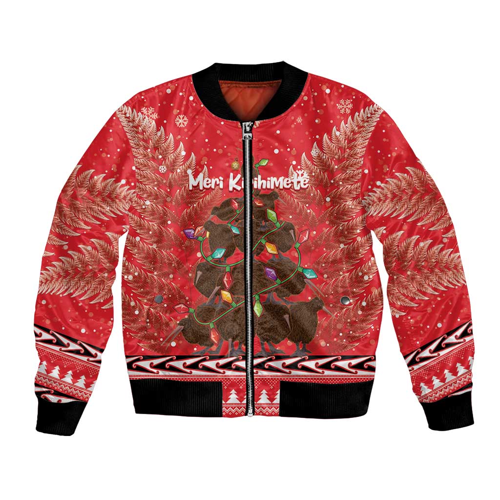 Kiwi New Zealand Christmas Bomber Jacket Meri Kirihimete Silver Fern - Red Color