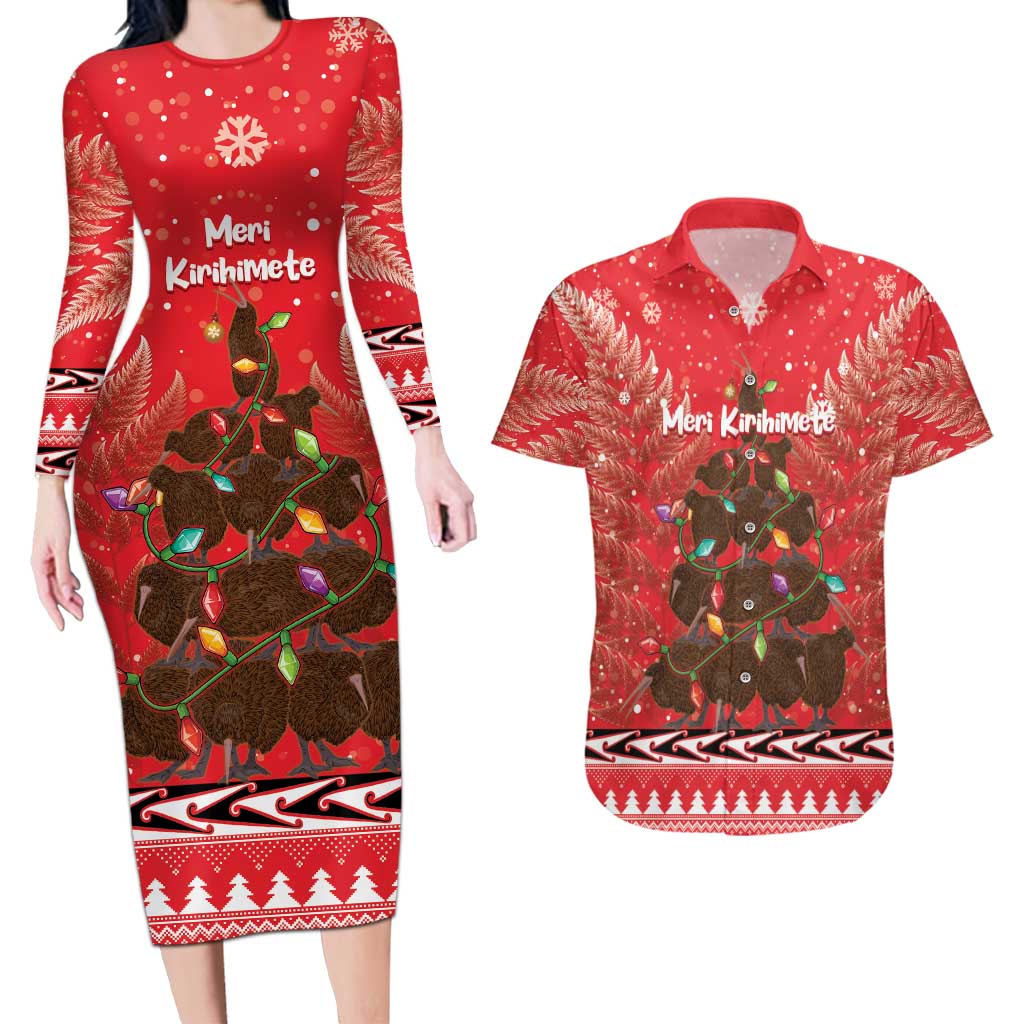 Kiwi New Zealand Christmas Couples Matching Long Sleeve Bodycon Dress and Hawaiian Shirt Meri Kirihimete Silver Fern - Red Color