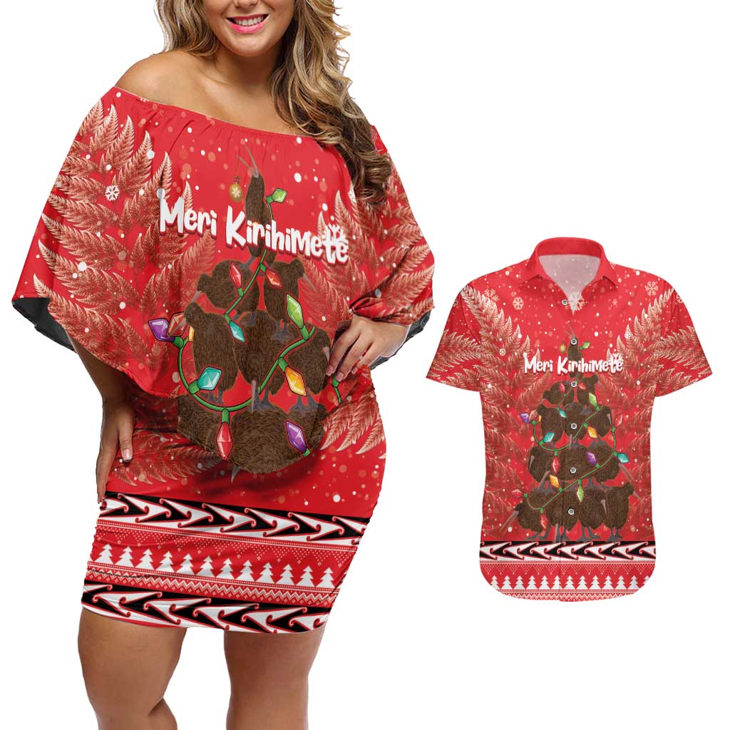 Kiwi New Zealand Christmas Couples Matching Off Shoulder Short Dress and Hawaiian Shirt Meri Kirihimete Silver Fern - Red Color LT14 Red - Polynesian Pride