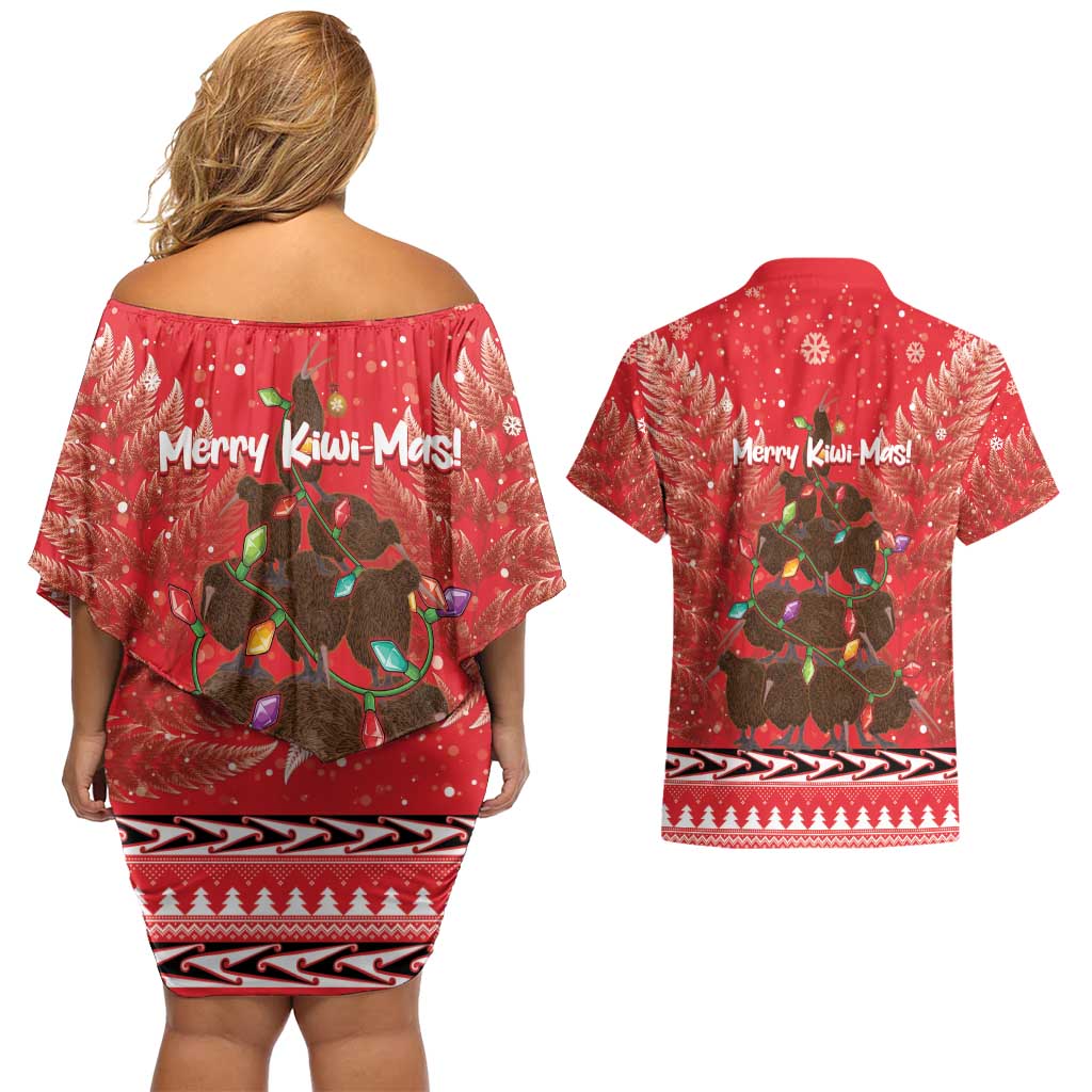 Kiwi New Zealand Christmas Couples Matching Off Shoulder Short Dress and Hawaiian Shirt Meri Kirihimete Silver Fern - Red Color LT14 - Polynesian Pride