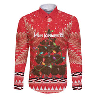 Kiwi New Zealand Christmas Family Matching Long Sleeve Bodycon Dress and Hawaiian Shirt Meri Kirihimete Silver Fern - Red Color LT14 Dad's Shirt - Long Sleeve Red - Polynesian Pride