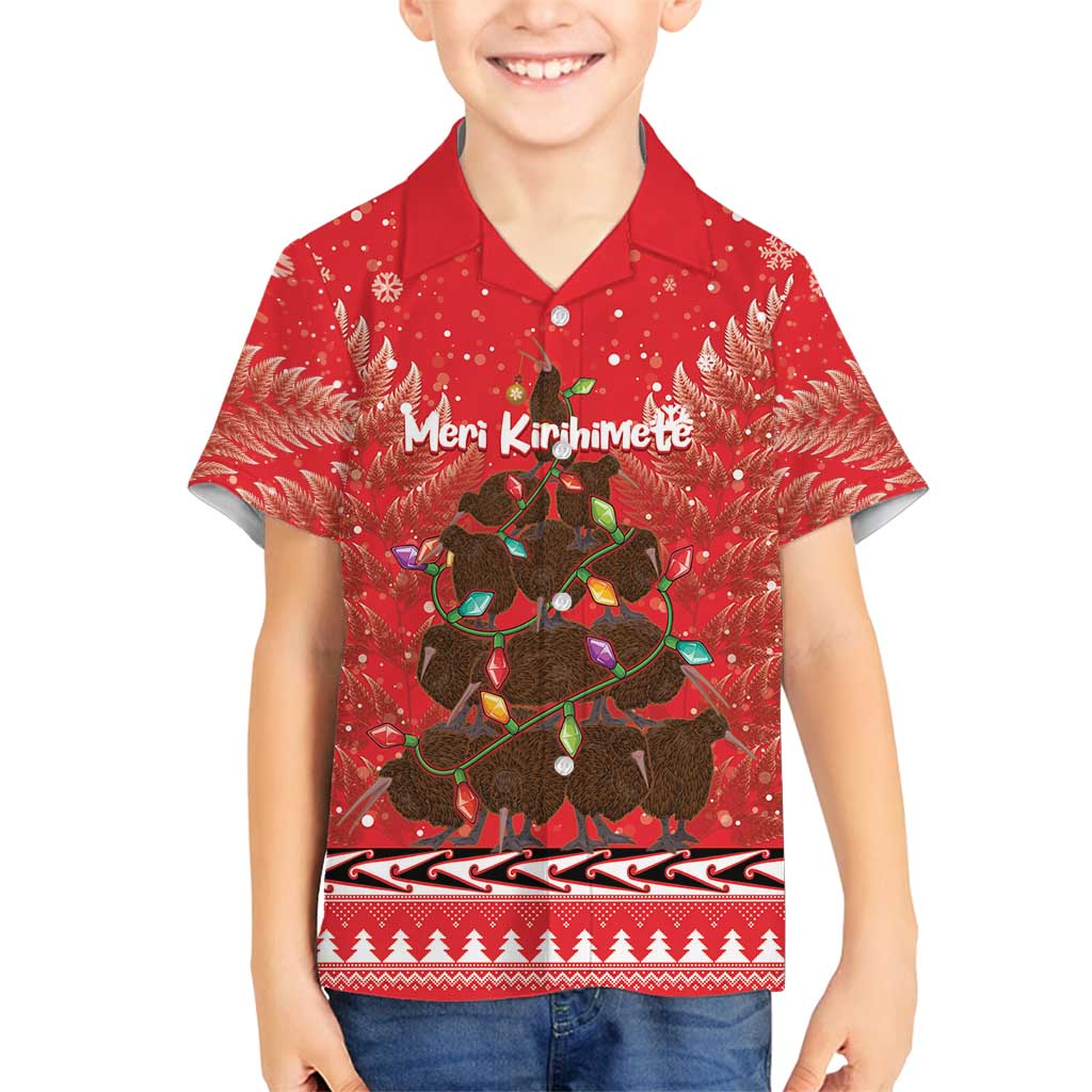Kiwi New Zealand Christmas Family Matching Long Sleeve Bodycon Dress and Hawaiian Shirt Meri Kirihimete Silver Fern - Red Color LT14 Son's Shirt Red - Polynesian Pride