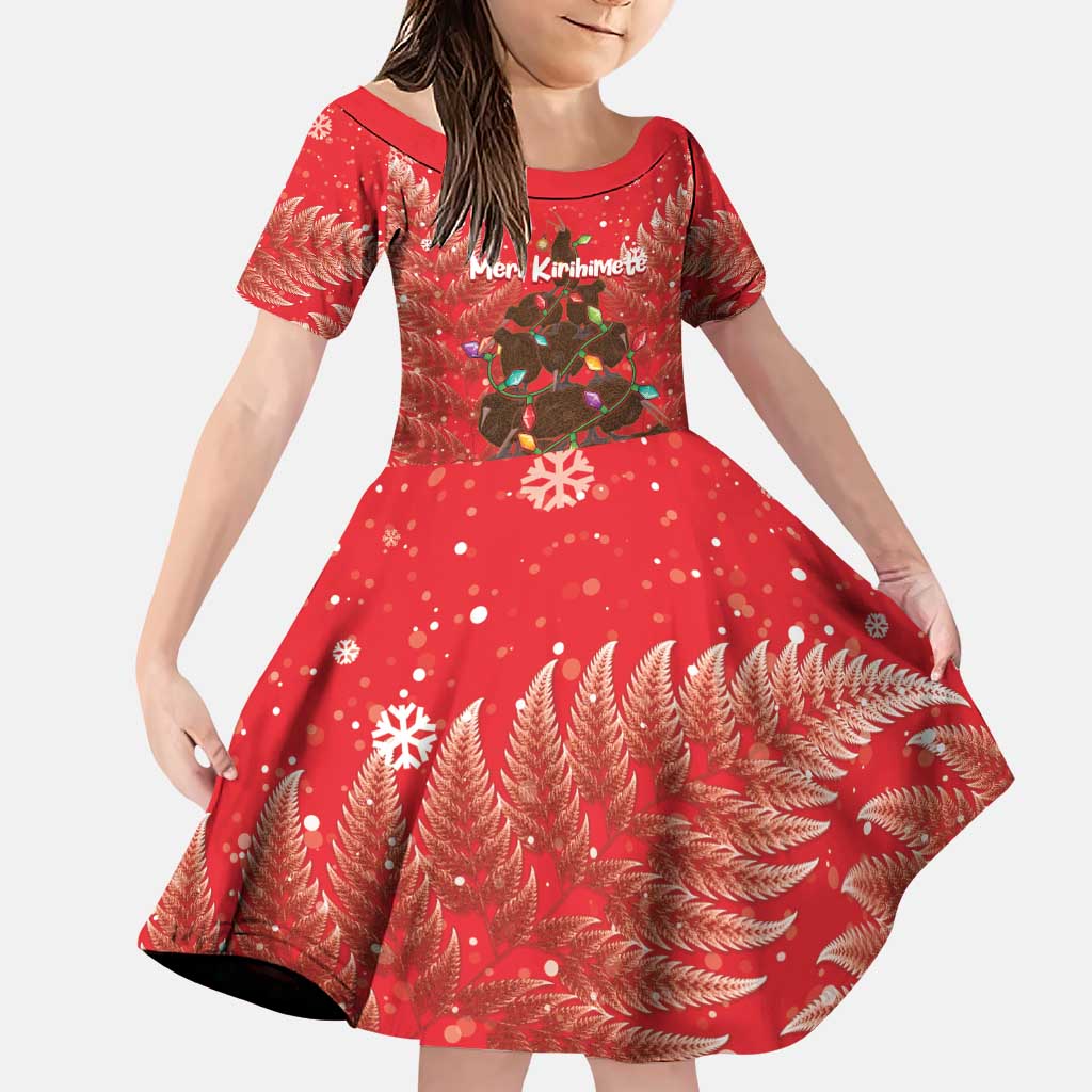 Kiwi New Zealand Christmas Family Matching Puletasi and Hawaiian Shirt Meri Kirihimete Silver Fern - Red Color LT14 Daughter's Dress Red - Polynesian Pride