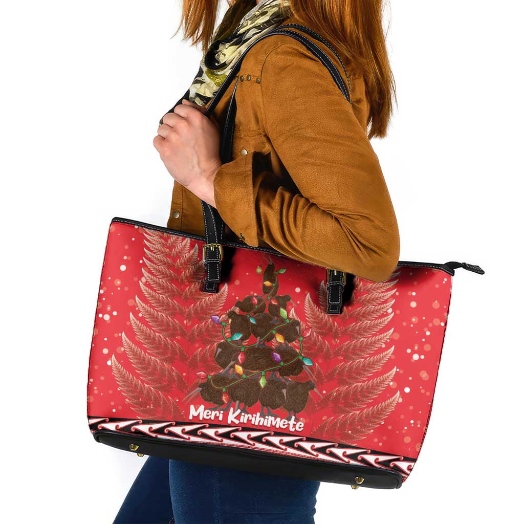 Kiwi New Zealand Christmas Leather Tote Bag Meri Kirihimete Silver Fern - Red Color LT14 Red - Polynesian Pride
