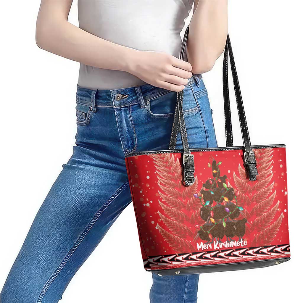 Kiwi New Zealand Christmas Leather Tote Bag Meri Kirihimete Silver Fern - Red Color LT14 - Polynesian Pride