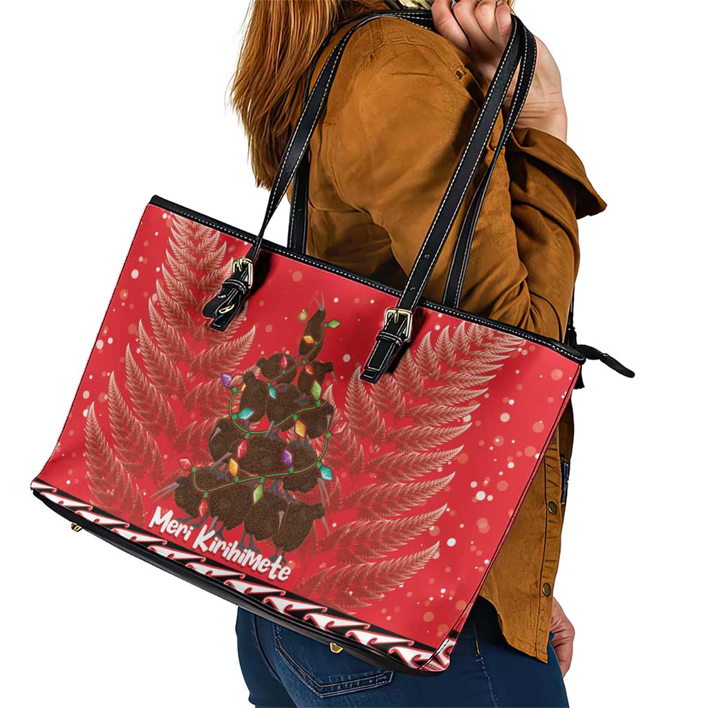 Kiwi New Zealand Christmas Leather Tote Bag Meri Kirihimete Silver Fern - Red Color LT14 - Polynesian Pride