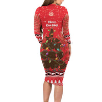 Kiwi New Zealand Christmas Long Sleeve Bodycon Dress Meri Kirihimete Silver Fern - Red Color LT14 - Polynesian Pride
