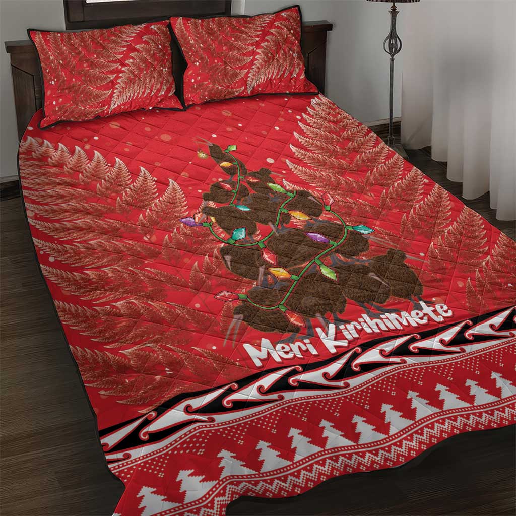 Kiwi New Zealand Christmas Quilt Bed Set Meri Kirihimete Silver Fern - Red Color