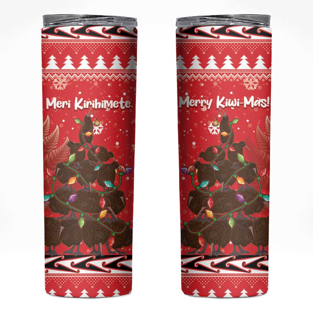 Kiwi New Zealand Christmas Skinny Tumbler Meri Kirihimete Silver Fern - Red Color