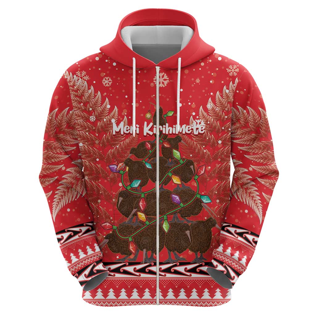 Kiwi New Zealand Christmas Zip Hoodie Meri Kirihimete Silver Fern - Red Color LT14 - Polynesian Pride