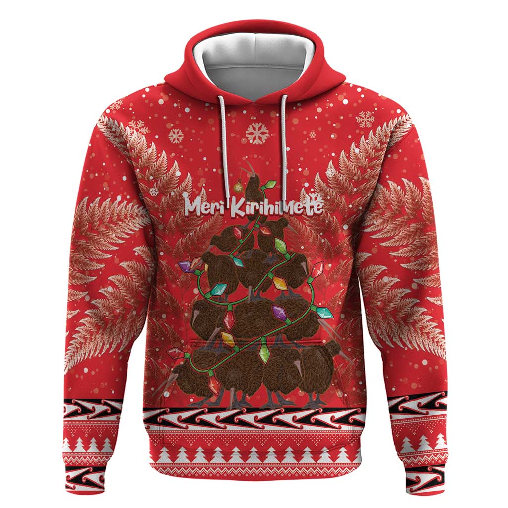 Kiwi New Zealand Christmas Zip Hoodie Meri Kirihimete Silver Fern - Red Color LT14 Pullover Hoodie Red - Polynesian Pride
