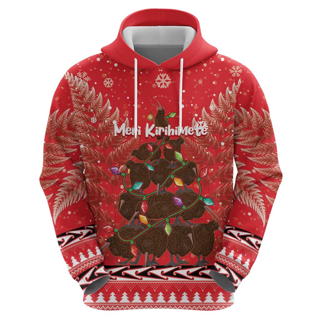 Kiwi New Zealand Christmas Zip Hoodie Meri Kirihimete Silver Fern - Red Color LT14 - Polynesian Pride