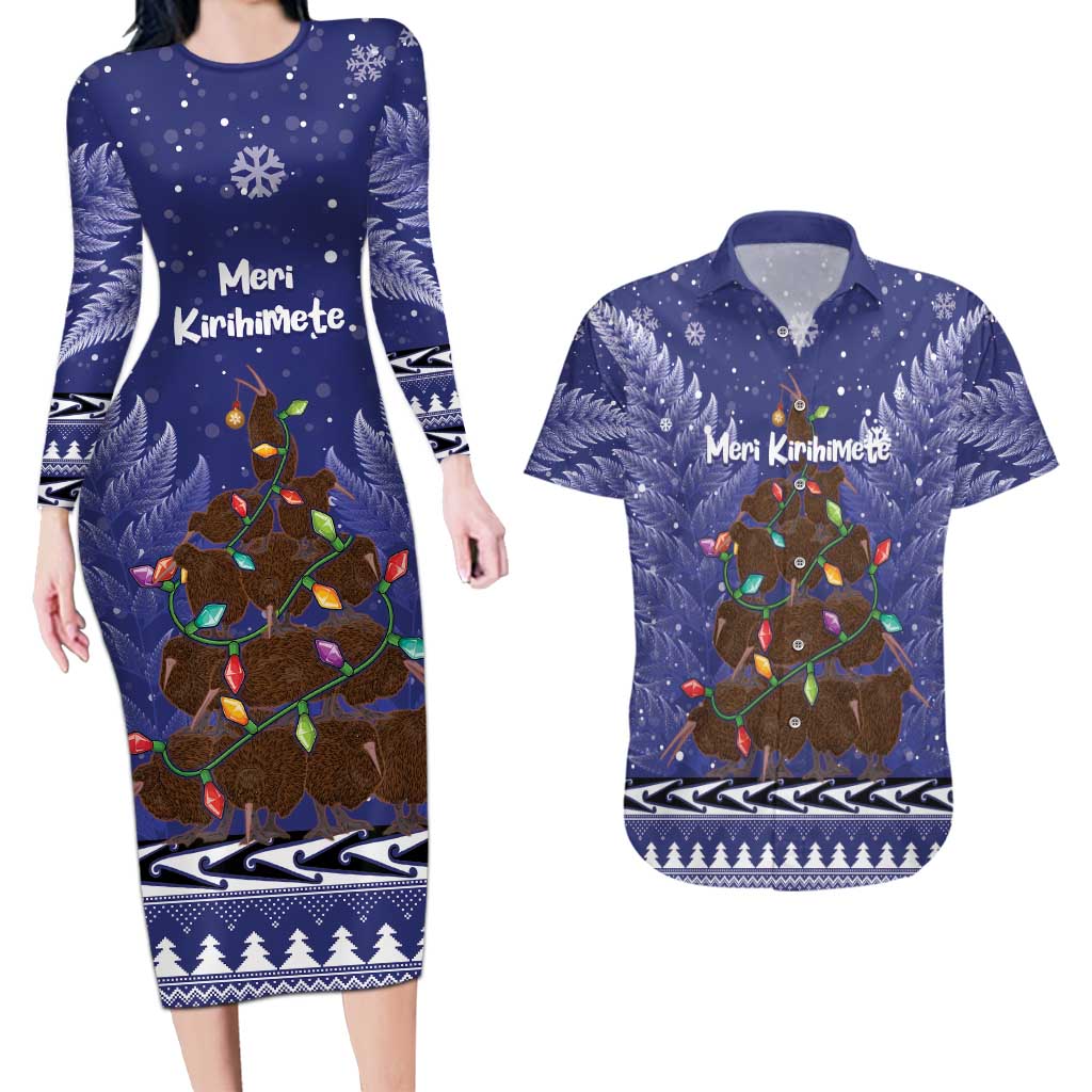 Kiwi New Zealand Christmas Couples Matching Long Sleeve Bodycon Dress and Hawaiian Shirt Meri Kirihimete Silver Fern - Blue Color