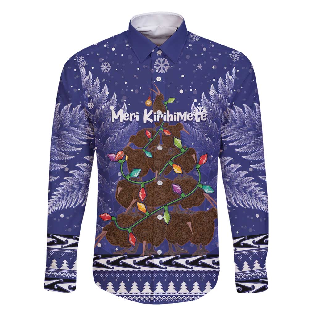 Kiwi New Zealand Christmas Family Matching Long Sleeve Bodycon Dress and Hawaiian Shirt Meri Kirihimete Silver Fern - Blue Color LT14 Dad's Shirt - Long Sleeve Blue - Polynesian Pride