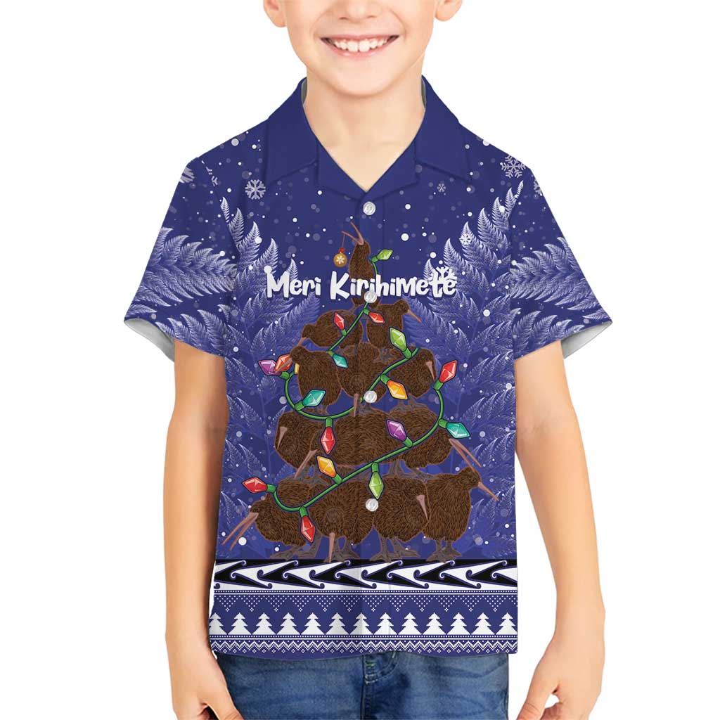Kiwi New Zealand Christmas Family Matching Long Sleeve Bodycon Dress and Hawaiian Shirt Meri Kirihimete Silver Fern - Blue Color LT14 Son's Shirt Blue - Polynesian Pride