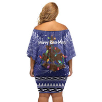 Kiwi New Zealand Christmas Family Matching Off Shoulder Short Dress and Hawaiian Shirt Meri Kirihimete Silver Fern - Blue Color