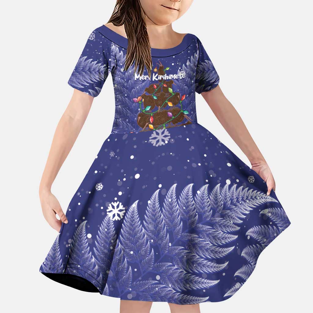 Kiwi New Zealand Christmas Family Matching Puletasi and Hawaiian Shirt Meri Kirihimete Silver Fern - Blue Color LT14 Daughter's Dress Blue - Polynesian Pride
