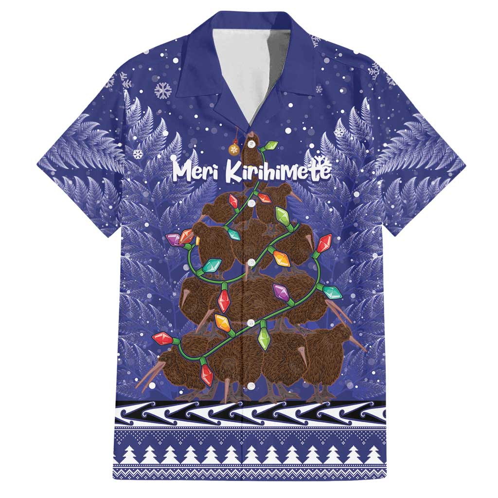 Kiwi New Zealand Christmas Family Matching Puletasi and Hawaiian Shirt Meri Kirihimete Silver Fern - Blue Color LT14 Dad's Shirt - Short Sleeve Blue - Polynesian Pride