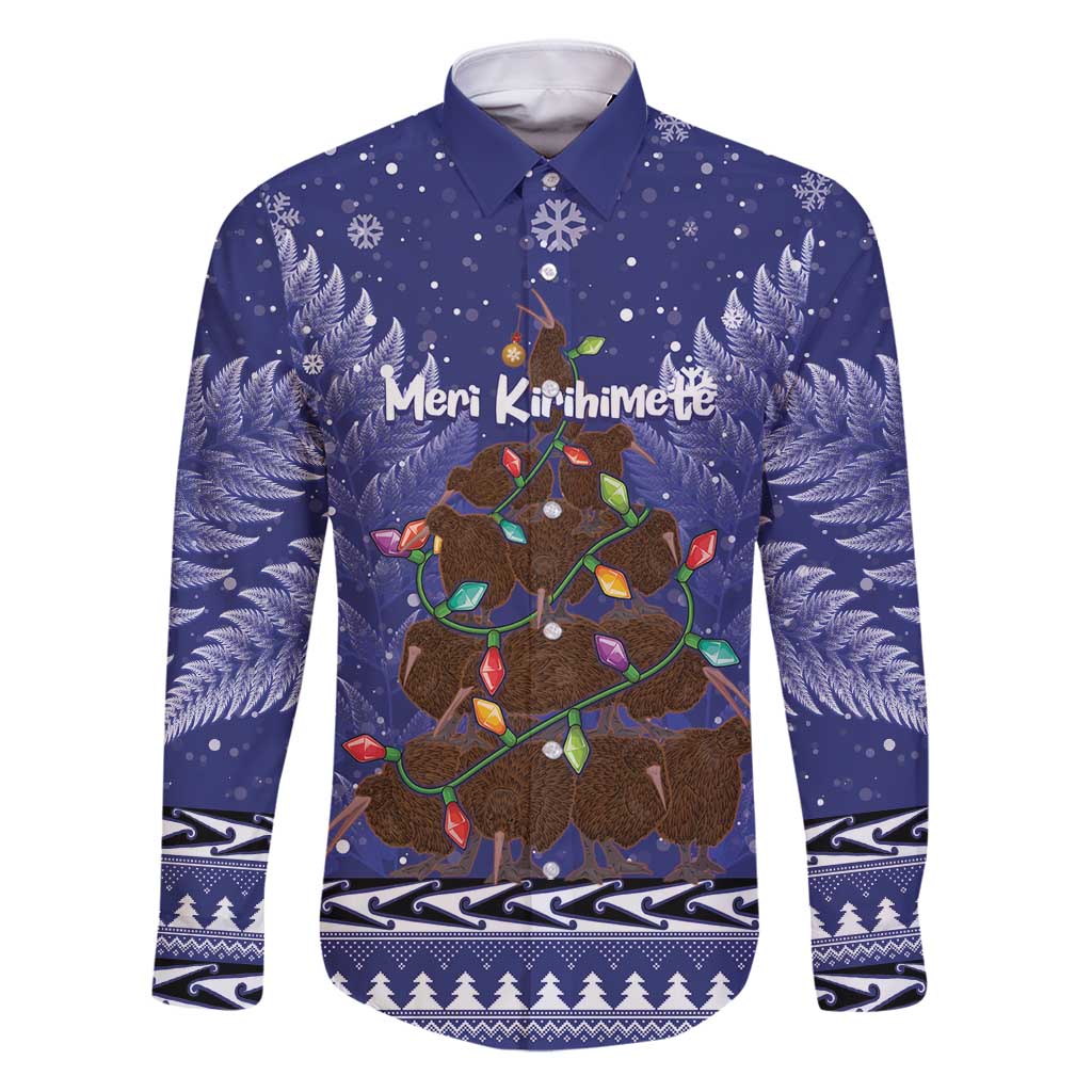 Kiwi New Zealand Christmas Family Matching Puletasi and Hawaiian Shirt Meri Kirihimete Silver Fern - Blue Color LT14 Dad's Shirt - Long Sleeve Blue - Polynesian Pride