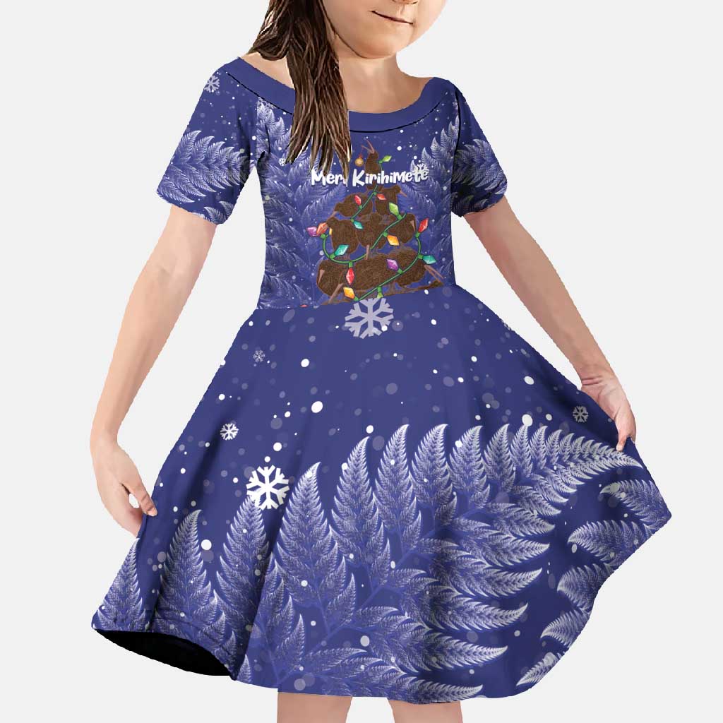 Kiwi New Zealand Christmas Family Matching Short Sleeve Bodycon Dress and Hawaiian Shirt Meri Kirihimete Silver Fern - Blue Color LT14 Daughter's Dress Blue - Polynesian Pride