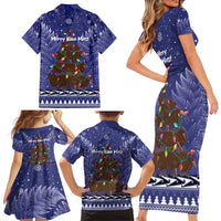 Kiwi New Zealand Christmas Family Matching Short Sleeve Bodycon Dress and Hawaiian Shirt Meri Kirihimete Silver Fern - Blue Color LT14 - Polynesian Pride
