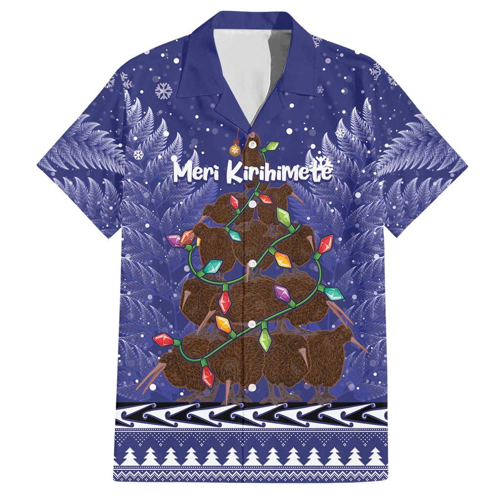 Kiwi New Zealand Christmas Family Matching Short Sleeve Bodycon Dress and Hawaiian Shirt Meri Kirihimete Silver Fern - Blue Color LT14 Dad's Shirt - Short Sleeve Blue - Polynesian Pride