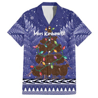 Kiwi New Zealand Christmas Family Matching Short Sleeve Bodycon Dress and Hawaiian Shirt Meri Kirihimete Silver Fern - Blue Color LT14 Dad's Shirt - Short Sleeve Blue - Polynesian Pride