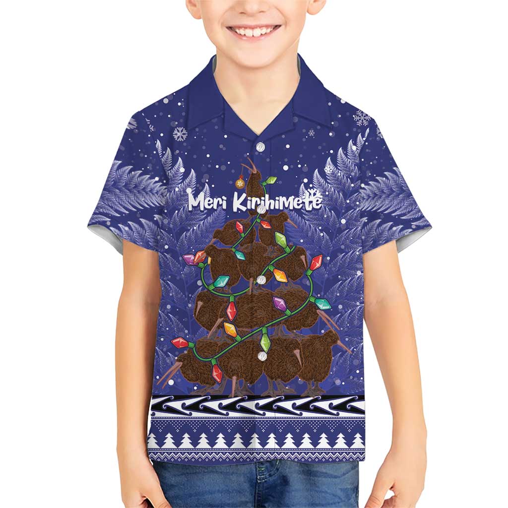 Kiwi New Zealand Christmas Family Matching Short Sleeve Bodycon Dress and Hawaiian Shirt Meri Kirihimete Silver Fern - Blue Color LT14 Son's Shirt Blue - Polynesian Pride
