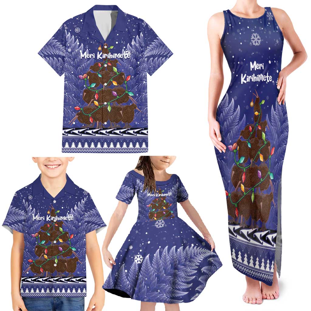 Kiwi New Zealand Christmas Family Matching Tank Maxi Dress and Hawaiian Shirt Meri Kirihimete Silver Fern - Blue Color