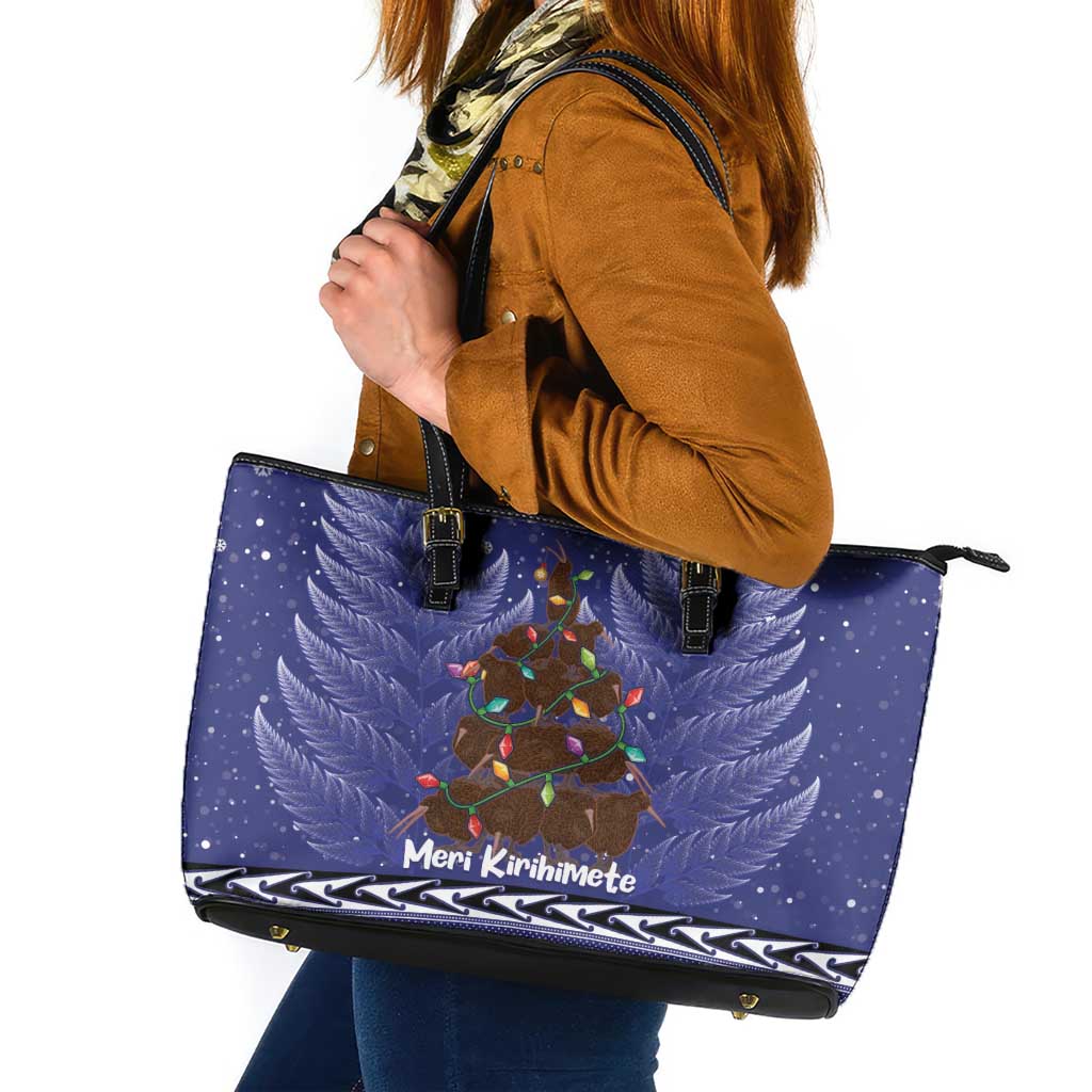 Kiwi New Zealand Christmas Leather Tote Bag Meri Kirihimete Silver Fern - Blue Color LT14 Blue - Polynesian Pride