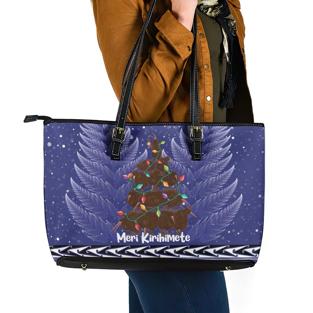 Kiwi New Zealand Christmas Leather Tote Bag Meri Kirihimete Silver Fern - Blue Color LT14 - Polynesian Pride