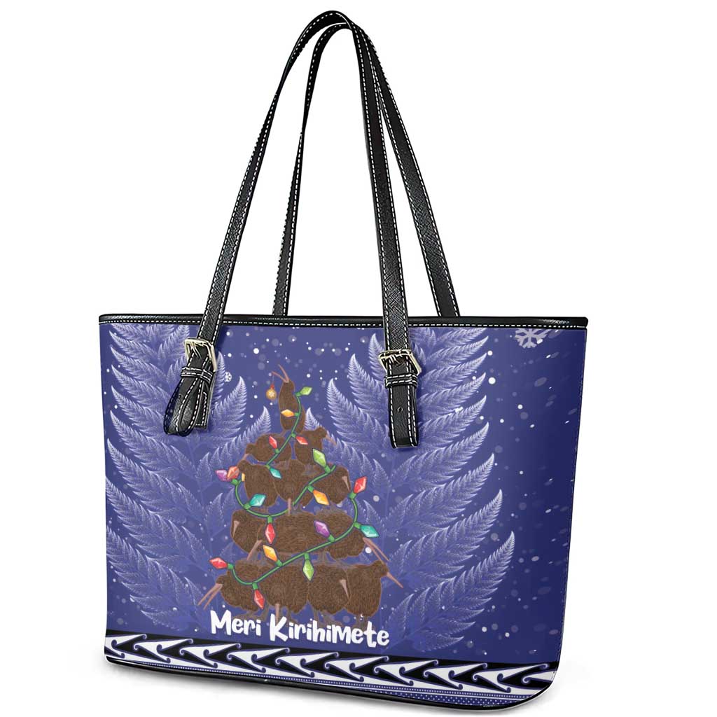 Kiwi New Zealand Christmas Leather Tote Bag Meri Kirihimete Silver Fern - Blue Color LT14 - Polynesian Pride