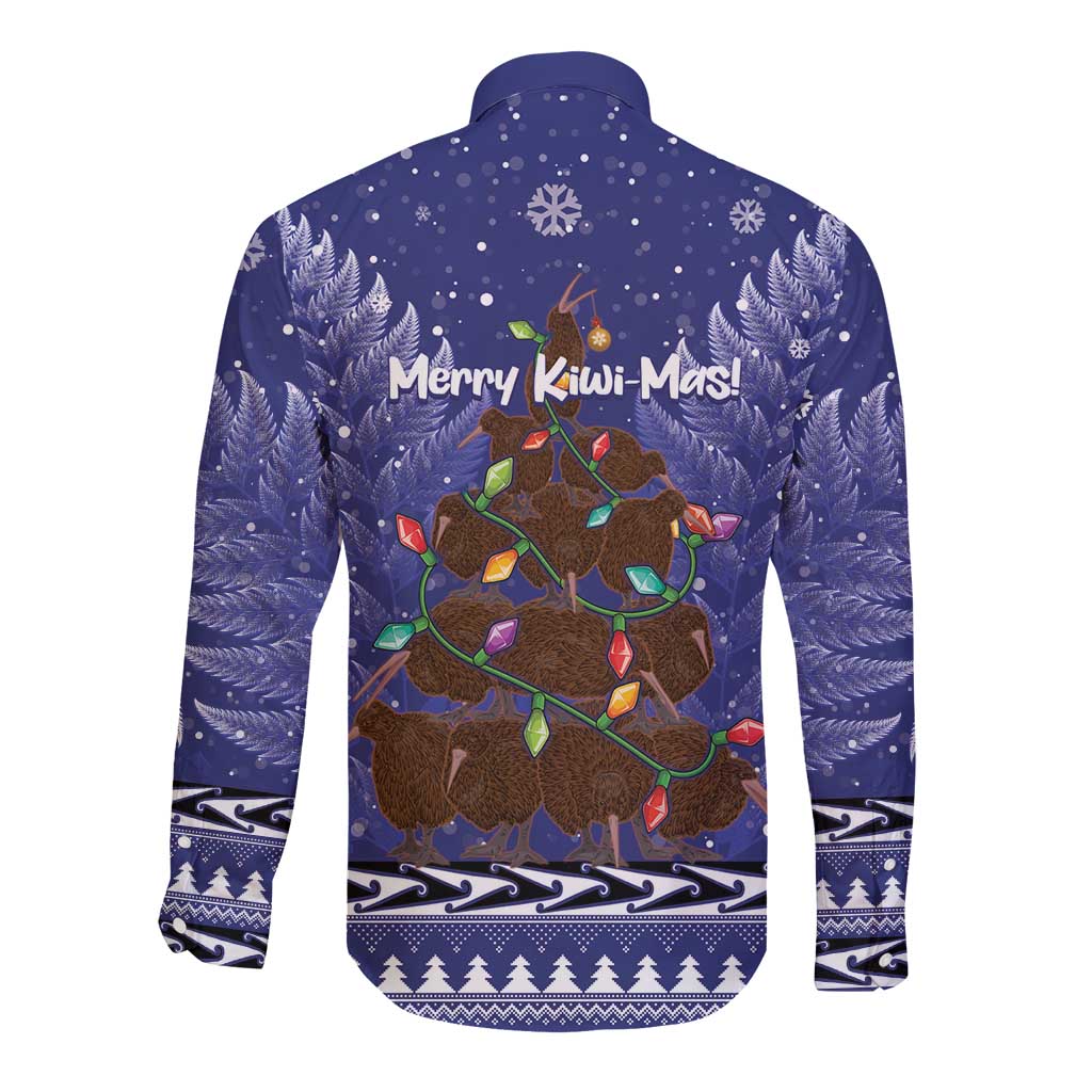 Kiwi New Zealand Christmas Long Sleeve Button Shirt Meri Kirihimete Silver Fern - Blue Color
