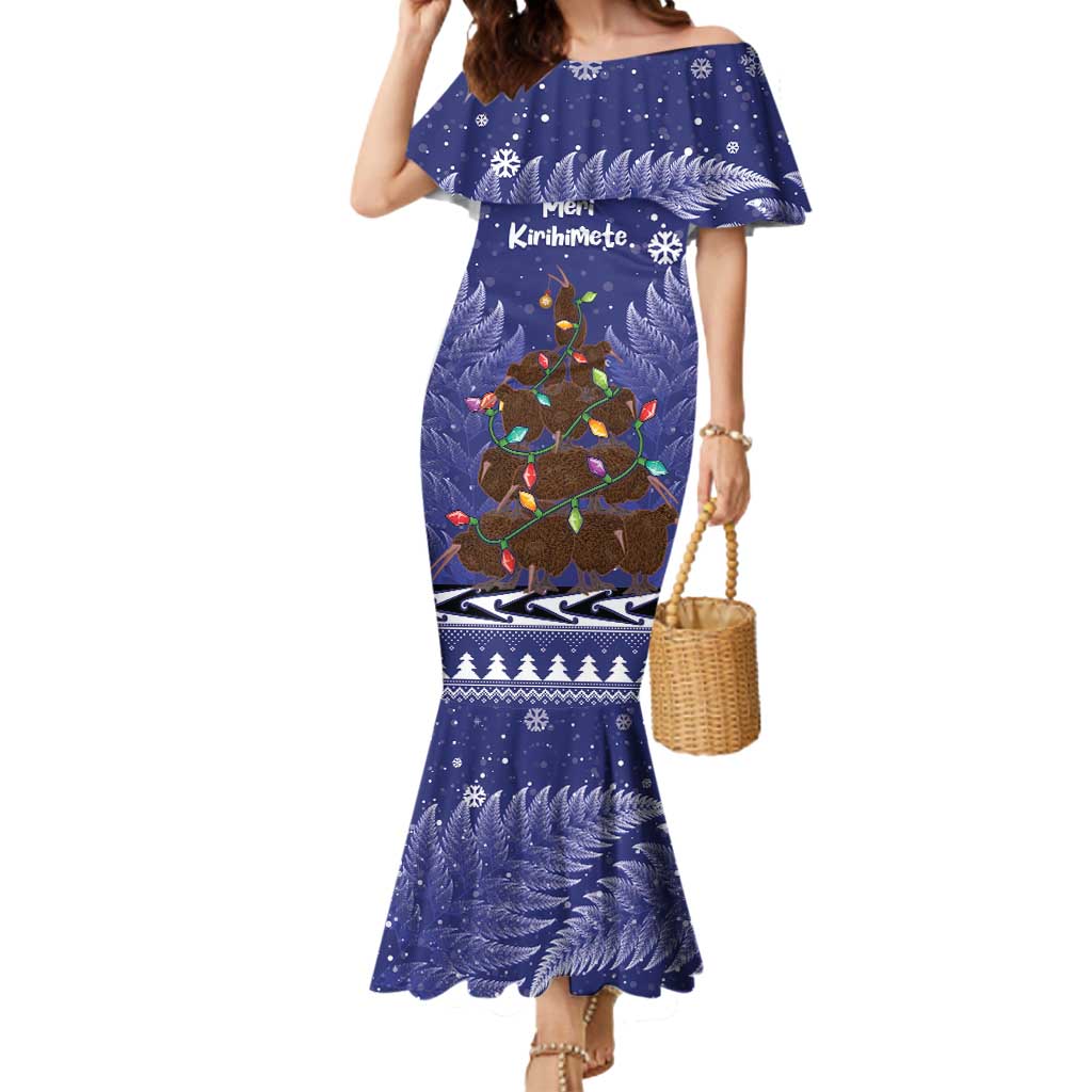 Kiwi New Zealand Christmas Mermaid Dress Meri Kirihimete Silver Fern - Blue Color LT14 Women Blue - Polynesian Pride