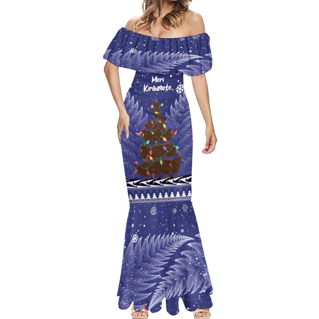 Kiwi New Zealand Christmas Mermaid Dress Meri Kirihimete Silver Fern - Blue Color LT14 - Polynesian Pride