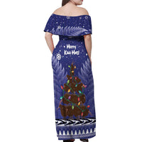 Kiwi New Zealand Christmas Off Shoulder Maxi Dress Meri Kirihimete Silver Fern - Blue Color